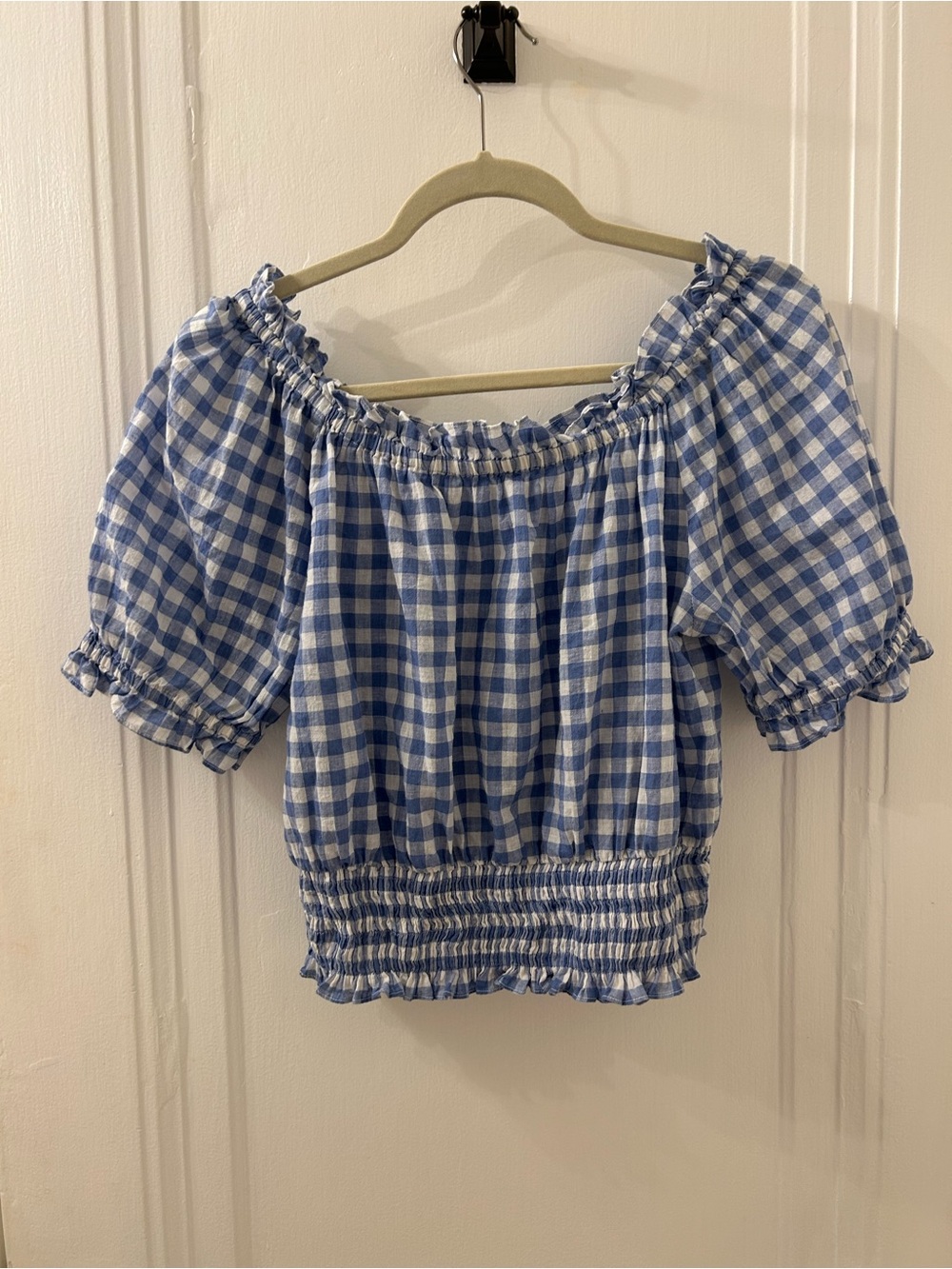 Blue Gingham Off-Shoulder Smocked Waist Top - Women